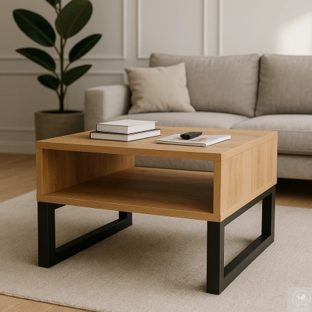 STOLIK kawowy dębowy z półką – lity dąb, metalowy stelaż 70×60 cm