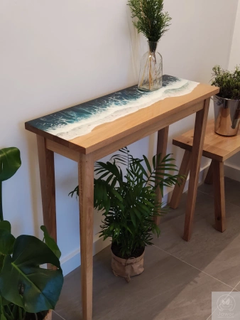 KONSOLA dębowa z żywicą 80 cm – fale oceanu, lity dąb