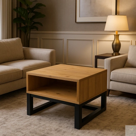 STOLIK kawowy dębowy z półką – lity dąb, metalowy stelaż 70×60 cm