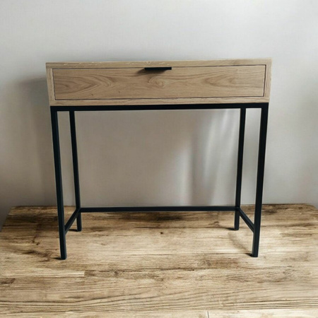 KONSOLA dębowa z szufladą 80 cm – loft, czarny stelaż