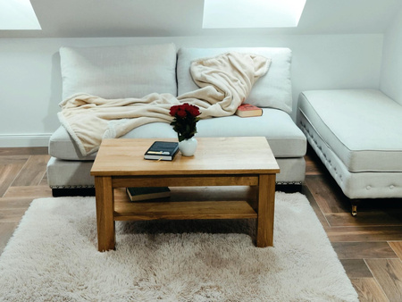 STOLIK kawowy dębowy z półką – masywna ława do salonu z litego dębu 90×50 cm