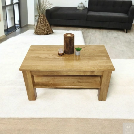 STOLIK kawowy dębowy z półką – masywna ława do salonu z litego dębu 90×50 cm