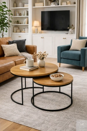 STOLIKI kawowe dębowe okrągłe – zestaw 2w1 na metalowym stelażu