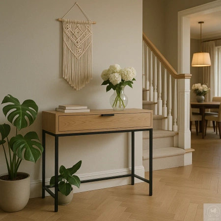 KONSOLA dębowa z szufladą – loft, czarny stelaż, 80–100 cm