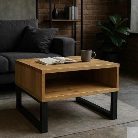 STOLIK kawowy dębowy z półką – lity dąb, metalowy stelaż 70×60 cm