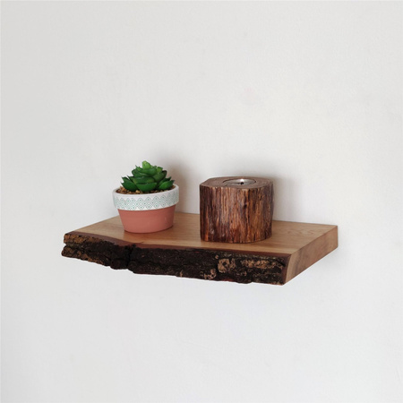 Półki dębowe z korą – komplet 30 cm i 50 cm, naturalna krawędź, lite drewno