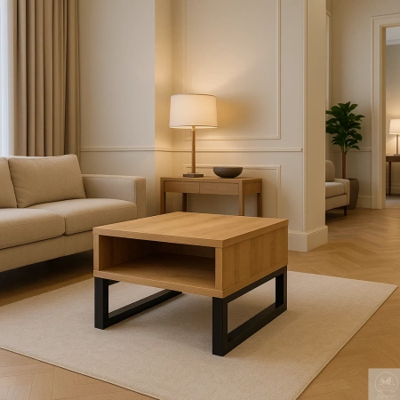 STOLIK kawowy dębowy z półką – lity dąb, metalowy stelaż 70×60 cm