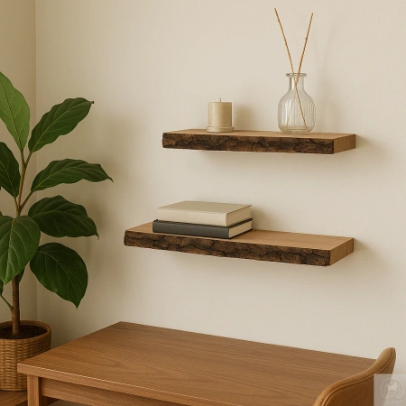 Półki dębowe z korą na ścianę – komplet 30 i 50 cm, lity dąb