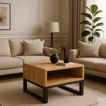 STOLIK kawowy dębowy z półką – lity dąb, metalowy stelaż 70×60 cm