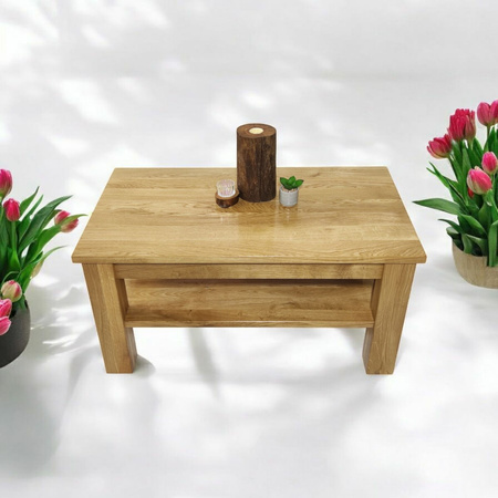 STOLIK kawowy dębowy z półką – masywna ława do salonu z litego dębu 90×50 cm