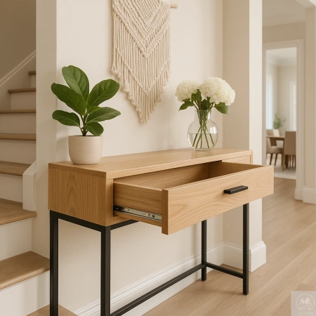 KONSOLA dębowa z szufladą – loft, czarny stelaż, 80–100 cm