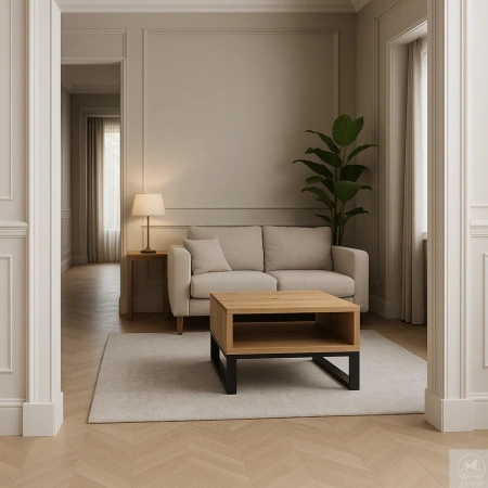 STOLIK kawowy dębowy z półką – lity dąb, metalowy stelaż 70×60 cm