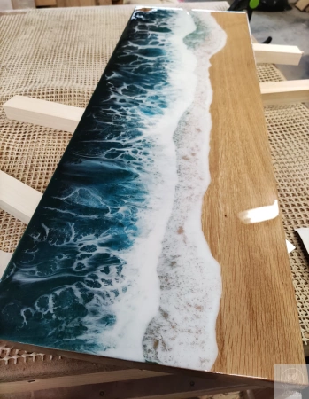 KONSOLA dębowa z żywicą 80 cm – fale oceanu, lity dąb