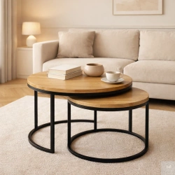 STOLIKI kawowe dębowe okrągłe – zestaw 2w1 na metalowym stelażu