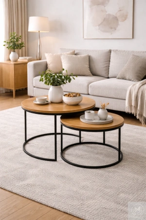 STOLIKI kawowe dębowe okrągłe – zestaw 2w1 na metalowym stelażu