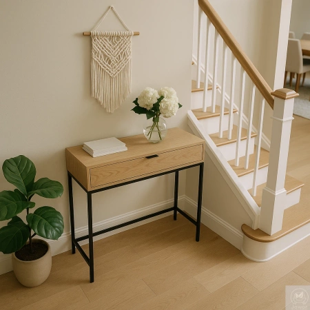 KONSOLA dębowa z szufladą – loft, czarny stelaż, 80–100 cm