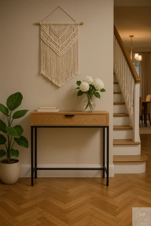 KONSOLA dębowa z szufladą – loft, czarny stelaż, 80–100 cm