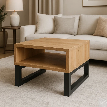 STOLIK kawowy dębowy z półką – lity dąb, metalowy stelaż 70×60 cm