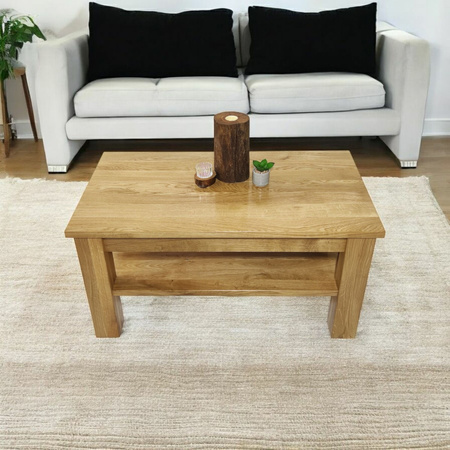 STOLIK kawowy dębowy z półką – masywna ława do salonu z litego dębu 90×50 cm