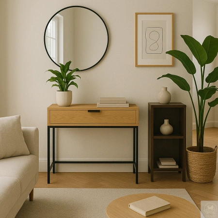 KONSOLA dębowa z szufladą – loft, czarny stelaż, 80–100 cm