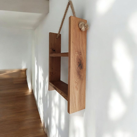 Dębowa półka wisząca na linie jutowej – dwupoziomowa, lite drewno, styl boho