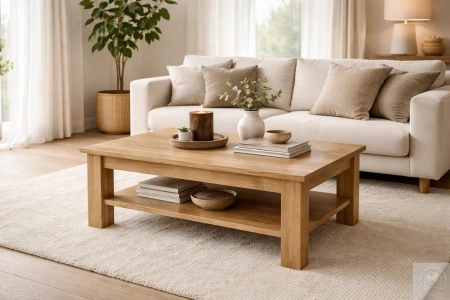 STOLIK kawowy dębowy z półką – masywna ława do salonu z litego dębu 90×50 cm