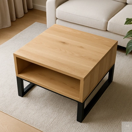 STOLIK kawowy dębowy z półką – lity dąb, metalowy stelaż 70×60 cm