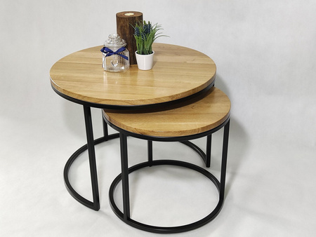 KOMPLET stolików kawowych dębowych okrągłych – nowoczesny zestaw 2w1 na metalowym stelażu