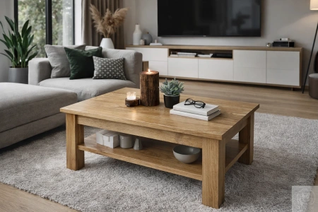 STOLIK kawowy dębowy z półką – masywna ława do salonu z litego dębu 90×50 cm