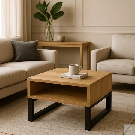 STOLIK kawowy dębowy z półką – lity dąb, metalowy stelaż 70×60 cm