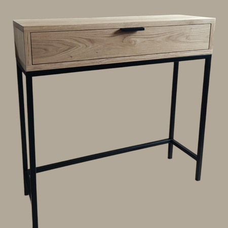 KONSOLA dębowa z szufladą 80 cm – loft, czarny stelaż