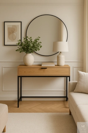 KONSOLA dębowa z szufladą – loft, czarny stelaż, 80–100 cm