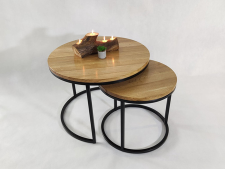 KOMPLET stolików kawowych dębowych okrągłych – nowoczesny zestaw 2w1 na metalowym stelażu