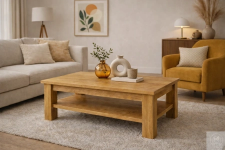 STOLIK kawowy dębowy z półką – masywna ława do salonu z litego dębu 90×50 cm