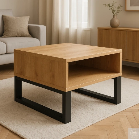 STOLIK kawowy dębowy z półką – lity dąb, metalowy stelaż 70×60 cm