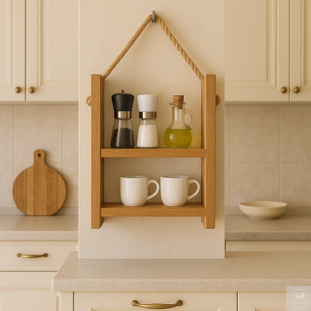 Półka dębowa na linie jutowej – dwupoziomowa, lity dąb, styl boho