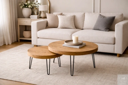 STOLIKI kawowe dębowe okrągłe – zestaw 2w1 na metalowych nogach – lity dąb – blat 4 cm