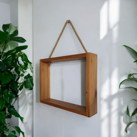 Półka dębowa wisząca na sznurze jutowym – różne rozmiary, naturalne drewno, boho