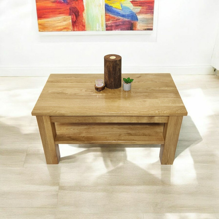 STOLIK kawowy dębowy z półką – masywna ława do salonu z litego dębu 90×50 cm