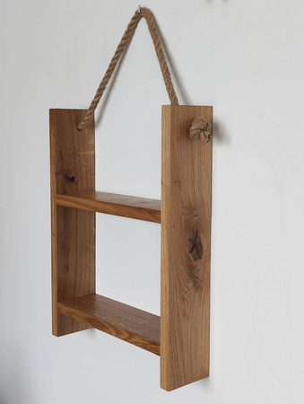 Półka dębowa na linie jutowej – dwupoziomowa, lity dąb, styl boho