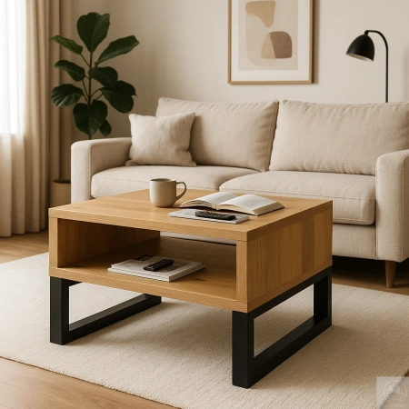 STOLIK kawowy dębowy z półką – lity dąb, metalowy stelaż 70×60 cm