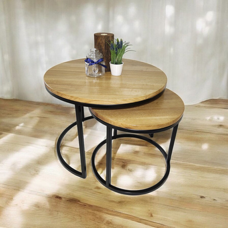 KOMPLET stolików kawowych dębowych okrągłych – nowoczesny zestaw 2w1 na metalowym stelażu