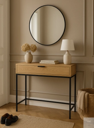 KONSOLA dębowa z szufladą – loft, czarny stelaż, 80–100 cm