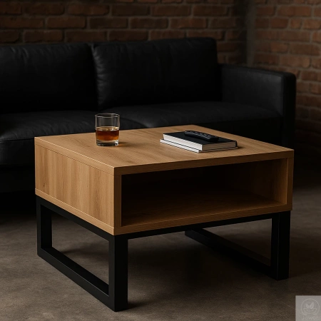 STOLIK kawowy dębowy z półką – lity dąb, metalowy stelaż 70×60 cm