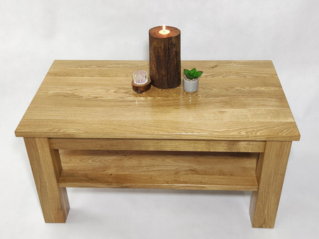 STOLIK kawowy dębowy z półką – masywna ława do salonu z litego dębu 90×50 cm