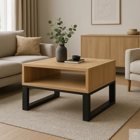 STOLIK kawowy dębowy z półką – lity dąb, metalowy stelaż 70×60 cm