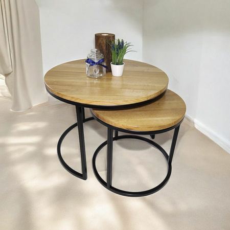 KOMPLET stolików kawowych dębowych okrągłych – nowoczesny zestaw 2w1 na metalowym stelażu