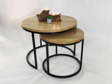 KOMPLET stolików kawowych dębowych okrągłych – nowoczesny zestaw 2w1 na metalowym stelażu
