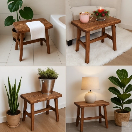 STOLIK kawowy sosnowy postarzany – rustykalna ławeczka z litego drewna 48×28 cm