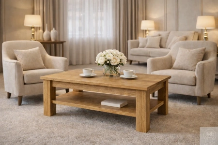 STOLIK kawowy dębowy z półką – masywna ława do salonu z litego dębu 90×50 cm